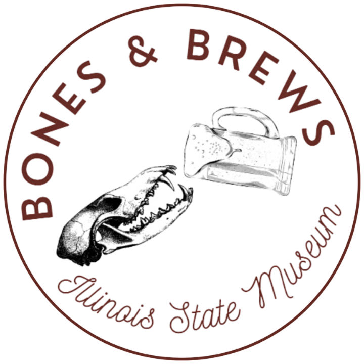 circle with an animal skull drinking a beer with the words bones & brews written on top and Illinois State Museum written on the bottom